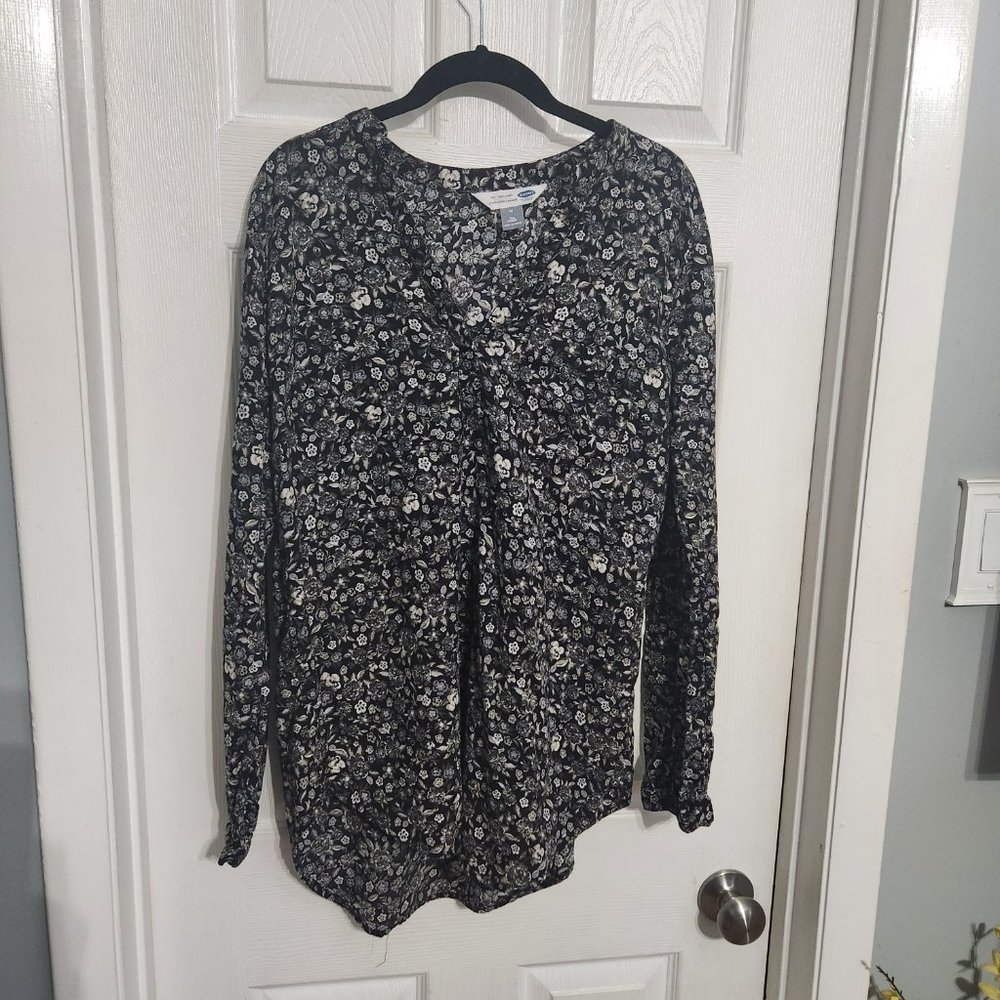 Black floral long sleeve split neck tunic blouse TALL
